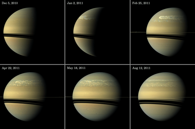 Esta es la historia de la GWS 2010 vista por las cámaras de Cassini desde sus inicios en diciembre de 2010 (tu probablemente no lo notes, pero hay una pequeña nube en esta foto) a su muerte y disipación final. | Crédito: NASA/JPL-Caltech/Space Science Institute.